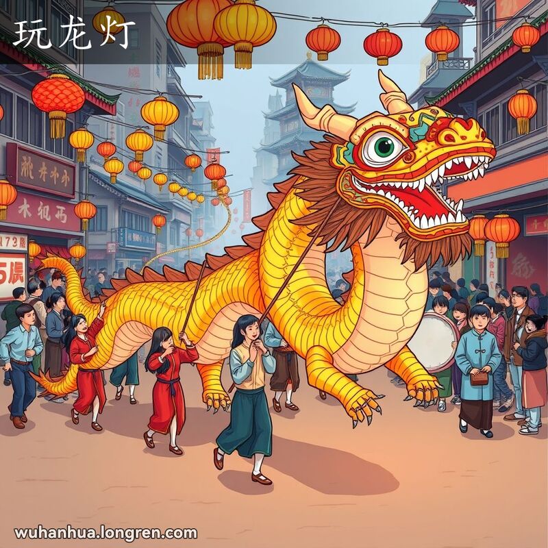 武汉街头龙灯舞表演，表演者手持龙灯节段，伴随锣鼓声舞动，背景是热闹的节日氛围。