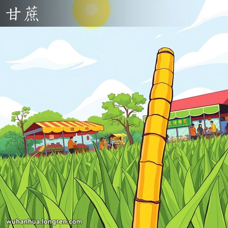一片绿色田野中，一株高大的甘蔗植物，背景是热闹的武汉街市