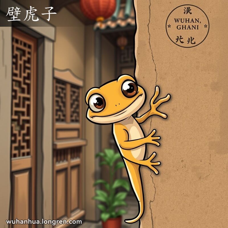 一只壁虎紧贴在武汉老巷子的墙壁上，背景有传统的木门和雕花窗户。