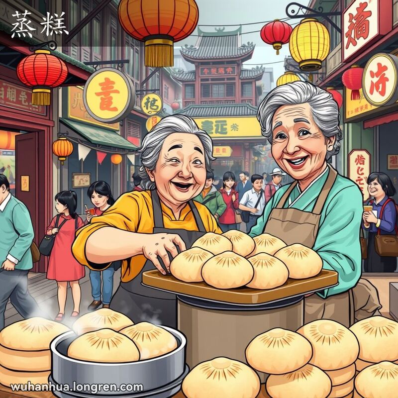 武汉街头，一位老妇人在摊位前蒸制蒸糕，背景是热闹的街景和传统建筑。