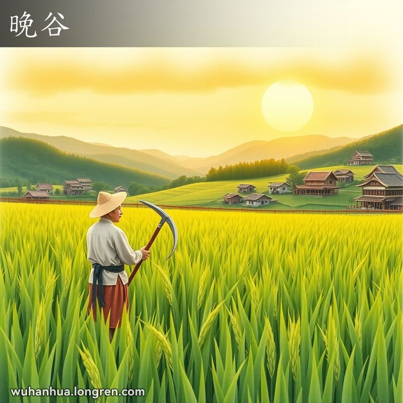 夕阳下的稻田，农民手持镰刀望着成熟的稻穗，背景是竹篱笆和远处的山丘与村庄
