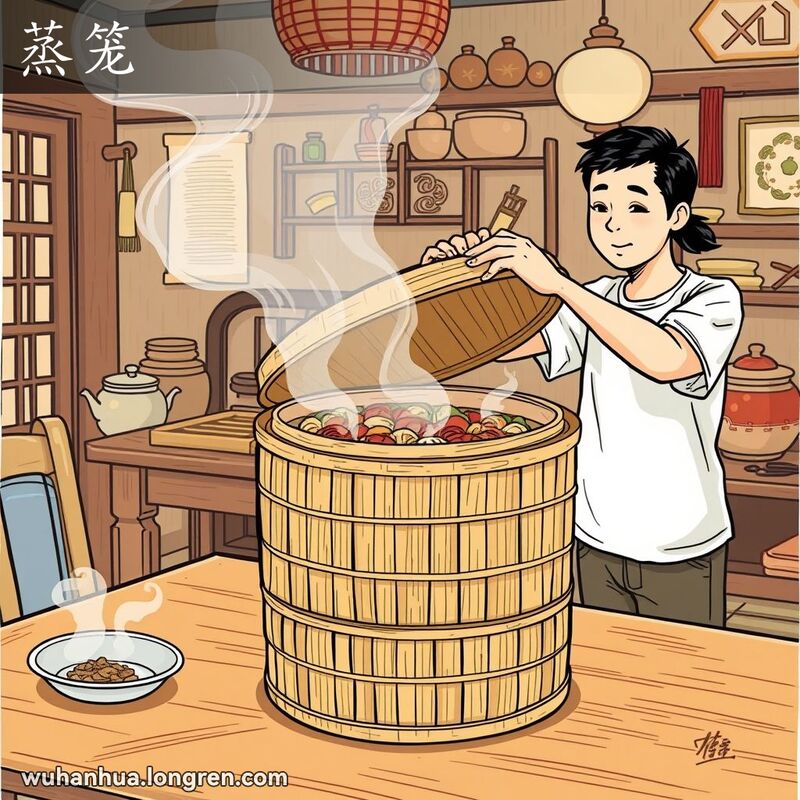 一个传统的武汉厨房，竹制蒸笼中冒着热气，一位当地人正揭开盖子，背景有中式厨房用具