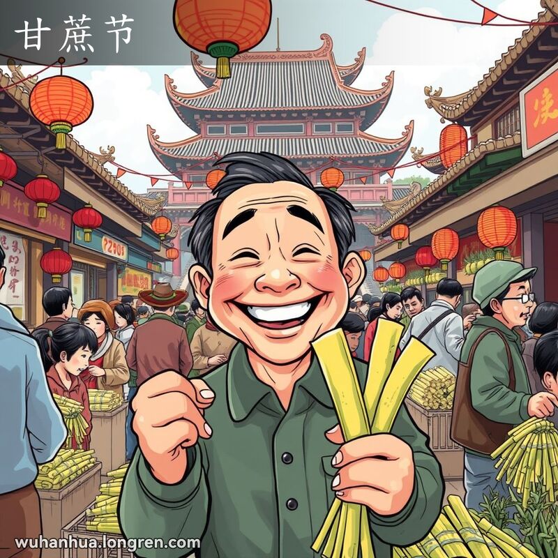 武汉旧时甘蔗节，市民在集市上购买甘蔗，背景是东岳大帝庙，画面充满节日气氛