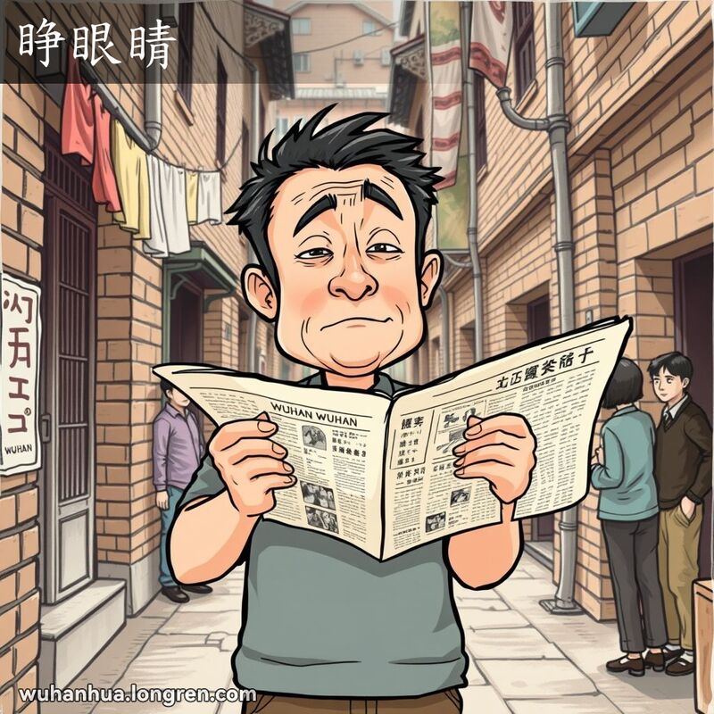 一位中年武汉男子在巷子里拿着倒着的报纸，露出困惑的表情，背景是武汉老巷子的场景