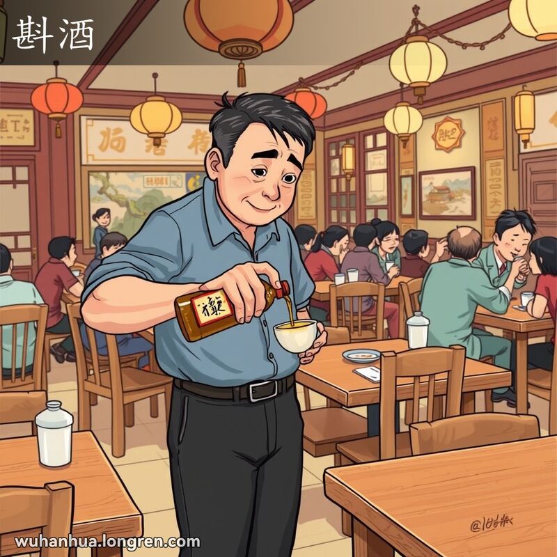 一位中年男子在武汉餐馆中倒酒，背景是热闹的餐馆场景