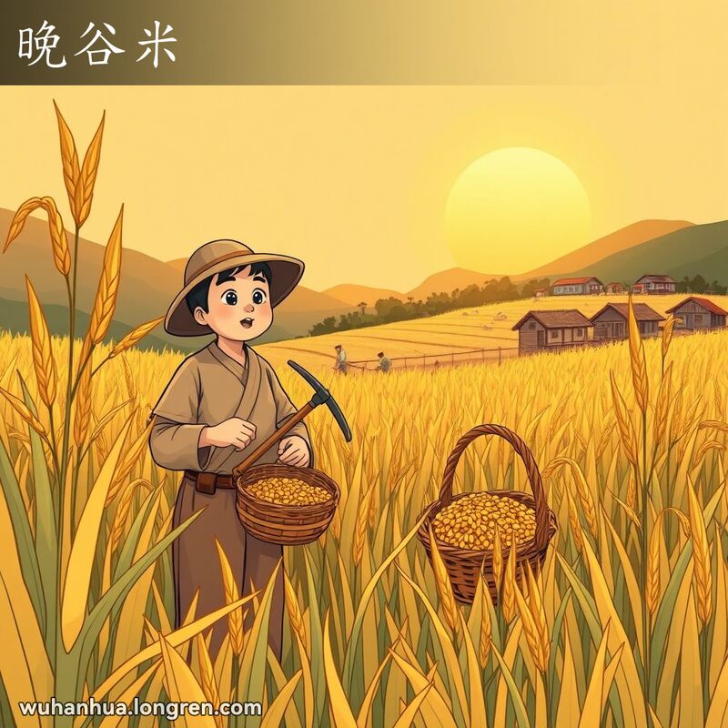 农民在夕阳下收割金黄的晚稻，背景是田间劳作的其他农民和远处的传统村庄