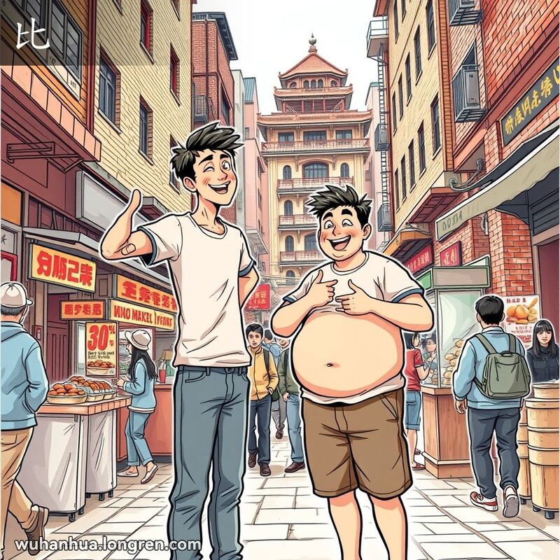 两位年轻男子在武汉街头比较身高和体型，背景是武汉老街景