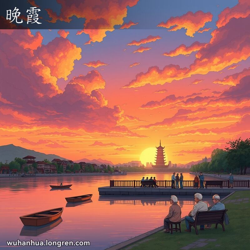 日落时分，武汉的河边景色，晚霞映照在河面上，几位老人在河岸边欣赏晚霞，背景是黄鹤楼的剪影。