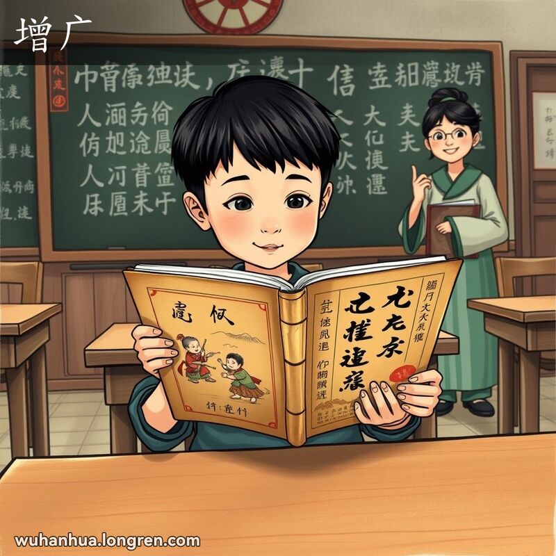 一位年轻学生在传统教室里专注阅读《增广昔时贤文》，背景有黑板和老师。