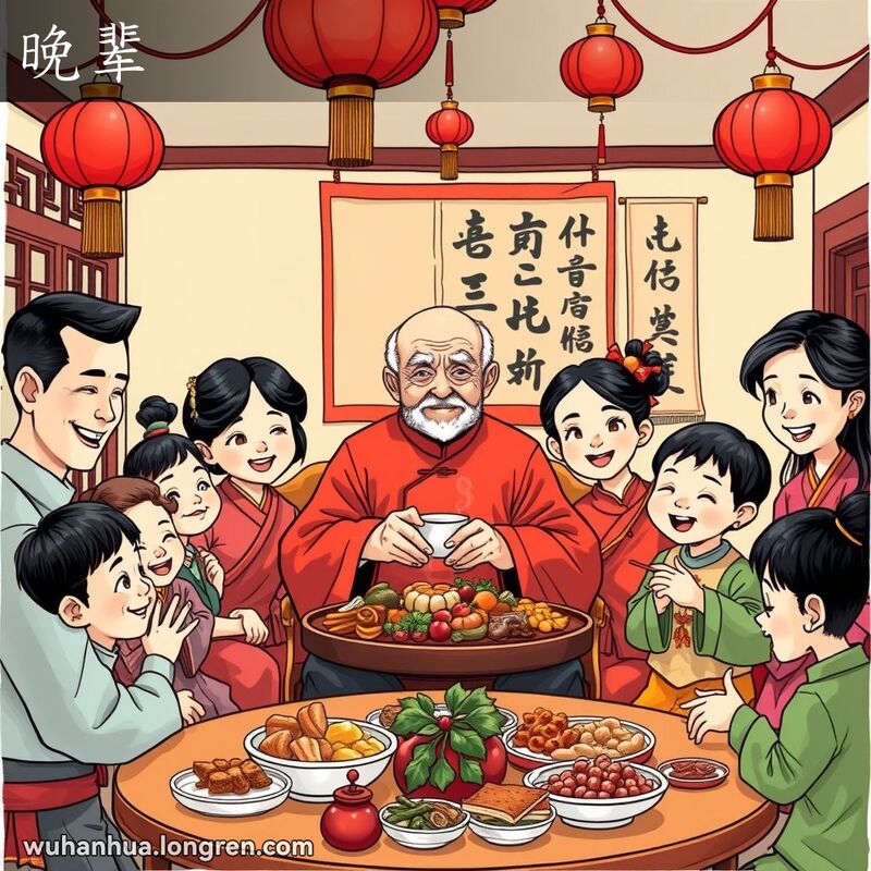一个传统中国家庭聚会场景，长者坐在中央，年轻人微笑着向长者鞠躬或奉茶，背景有圆形餐桌和书法作品。