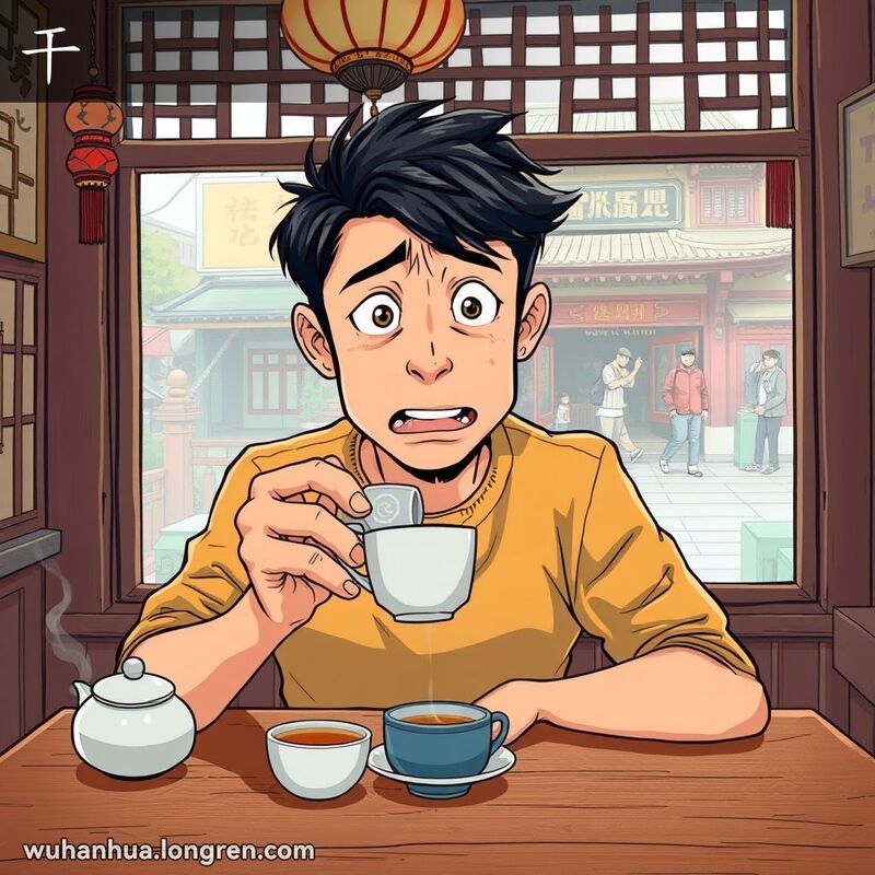 一位年轻男子在武汉茶馆内，手持空茶杯，露出口渴难耐的表情，背景是武汉老街景