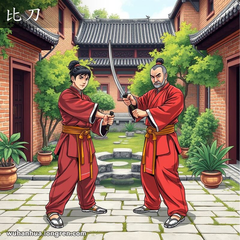 两位武术男子在古色古香的庭院中比刀，背景是中国园林