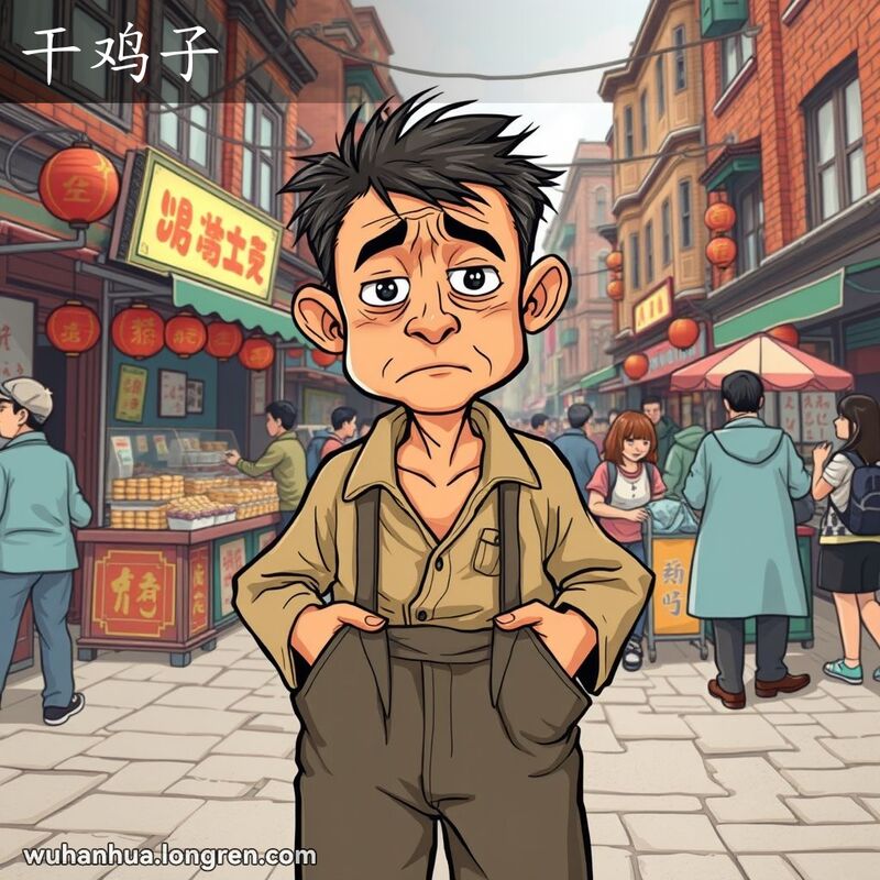 一位衣衫褴褛的男子站在武汉街头，口袋翻出显示空空如也，背景是武汉的传统街景。
