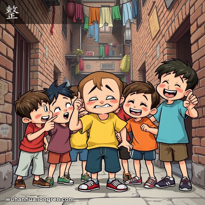 一群孩子在武汉老巷子里围住一个无助的男孩，男孩显得困惑和无奈，主要的孩子伸手索要，背景是老旧的砖墙和晾晒的衣物