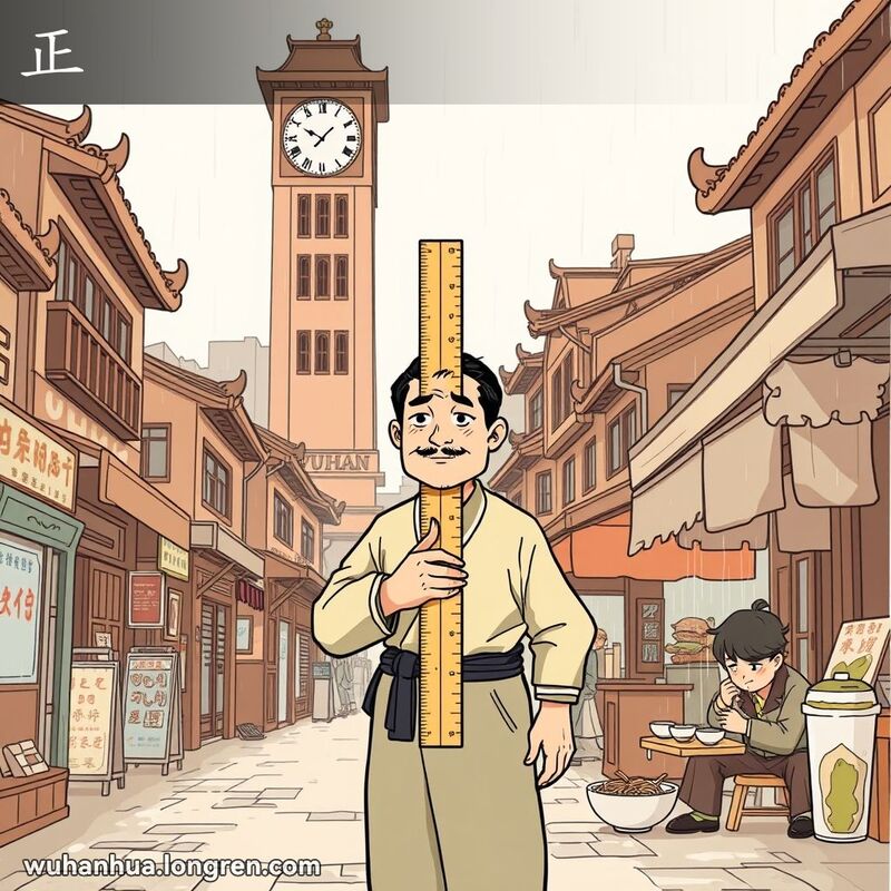 武汉街景中，一位男子手持竖直的尺子，背景是显示8点的钟塔和下雨的场景，展示“正”字的多重含义。
