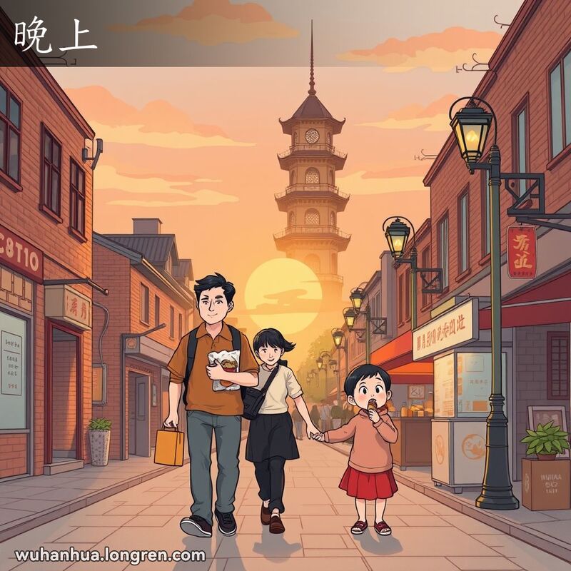 武汉黄鹤楼背景下的傍晚景象，一家三口散步，父亲提着小吃，母亲牵着孩子，孩子舔着冰淇淋，街道两旁是传统建筑和老式路灯，小摊贩准备晚上的生意。