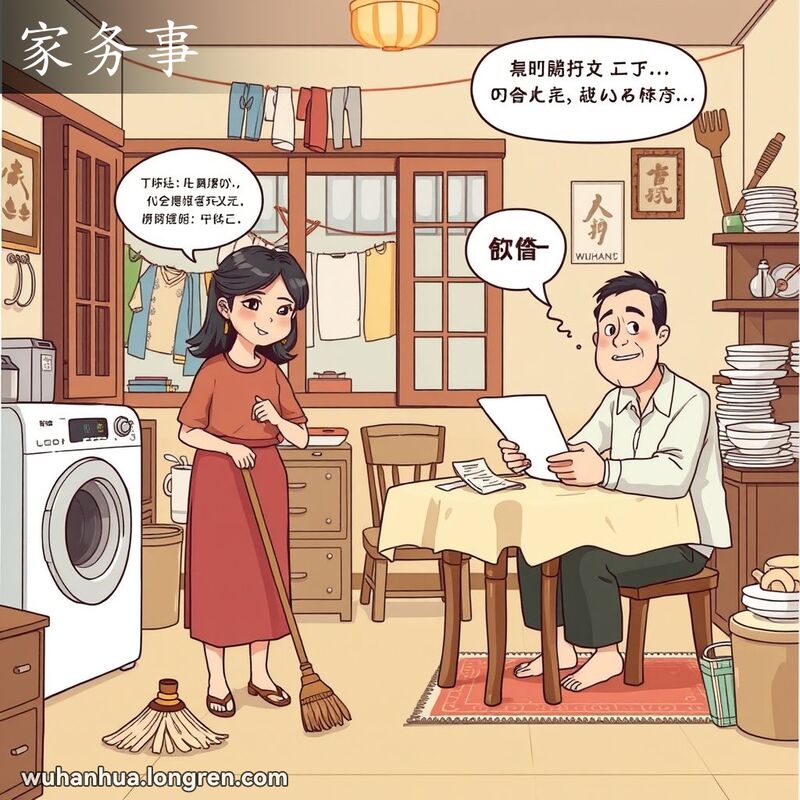 一位女性在客厅打扫，男性坐在桌旁看文件，房间里有日常用品，背景是传统中国装饰。