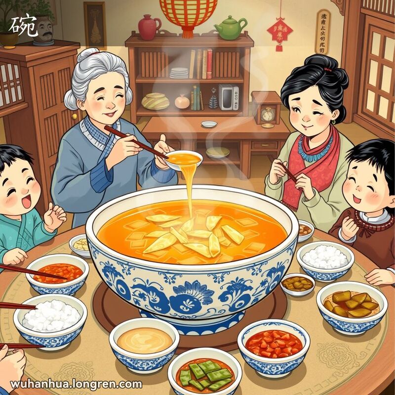一个传统的武汉家庭餐桌场景，中央是一个大而圆的瓷碗，碗中盛满了冒着热气的汤，老奶奶正在分汤给家人。