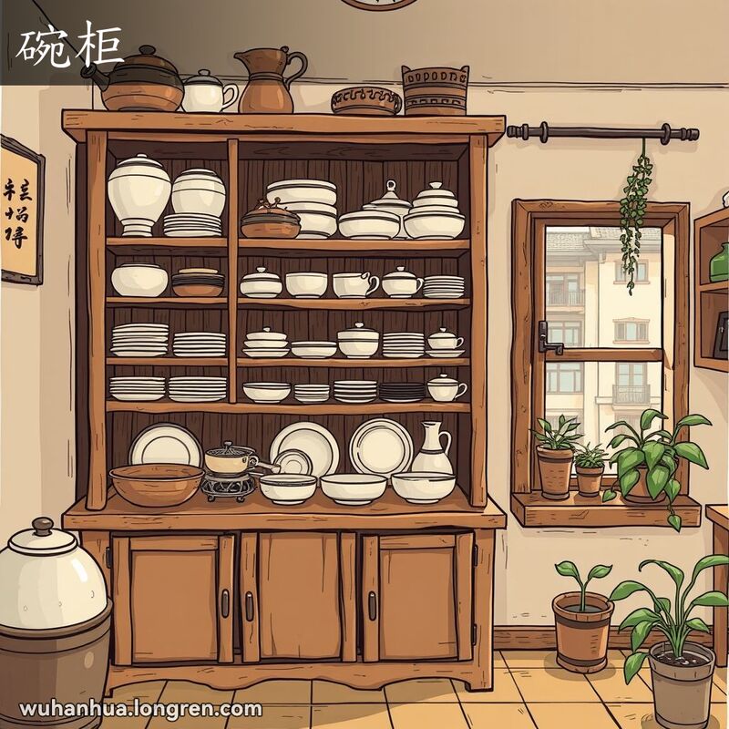 一个传统武汉家庭厨房中的木制碗柜，柜子里摆放着各种碗和盘子，背景是武汉小巷和绿植