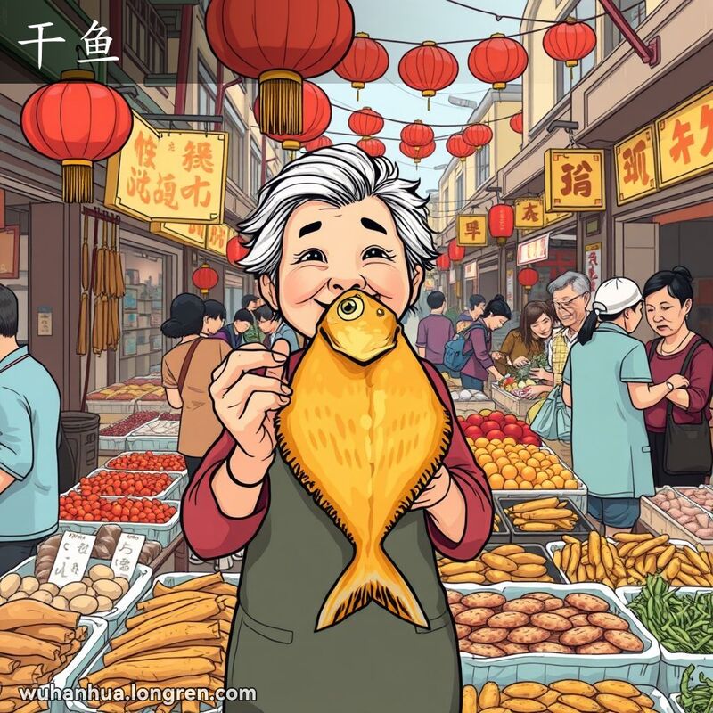 武汉传统市场中，一位老妇人在摊位前高举一条大干鱼，背景是热闹的市场场景。