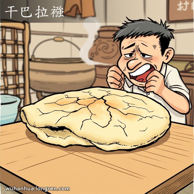 一张干燥、皱缩的饼子放在木质砧板上，旁边有一个人正试图咬下一口，表情显得非常困难和沮丧，背景是一个简单的厨房。