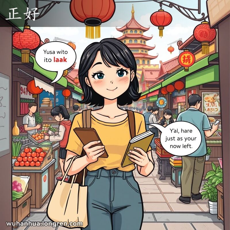 一位年轻女子在武汉市场入口处，手持购物袋和钱包，脸上带着满意的微笑，背景是热闹的市场和黄鹤楼。