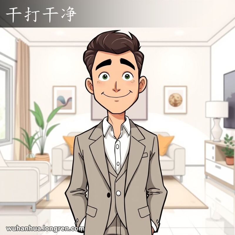 一位穿着整洁的男子站在干净整洁的现代客厅中，脸上带着满意的微笑，背景是明亮、通风的空间，装饰简约