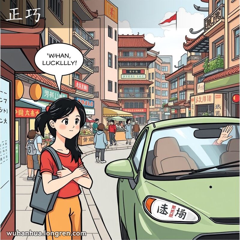 一位年轻女子在武汉街头等公交车，朋友开车经过并邀请她搭便车，表现“正巧”的情景。