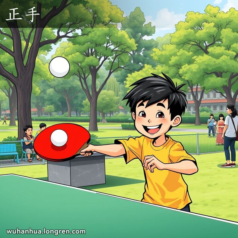 一位武汉小男孩在公园里用右手打乒乓球，背景是绿意盎然的公园和观众