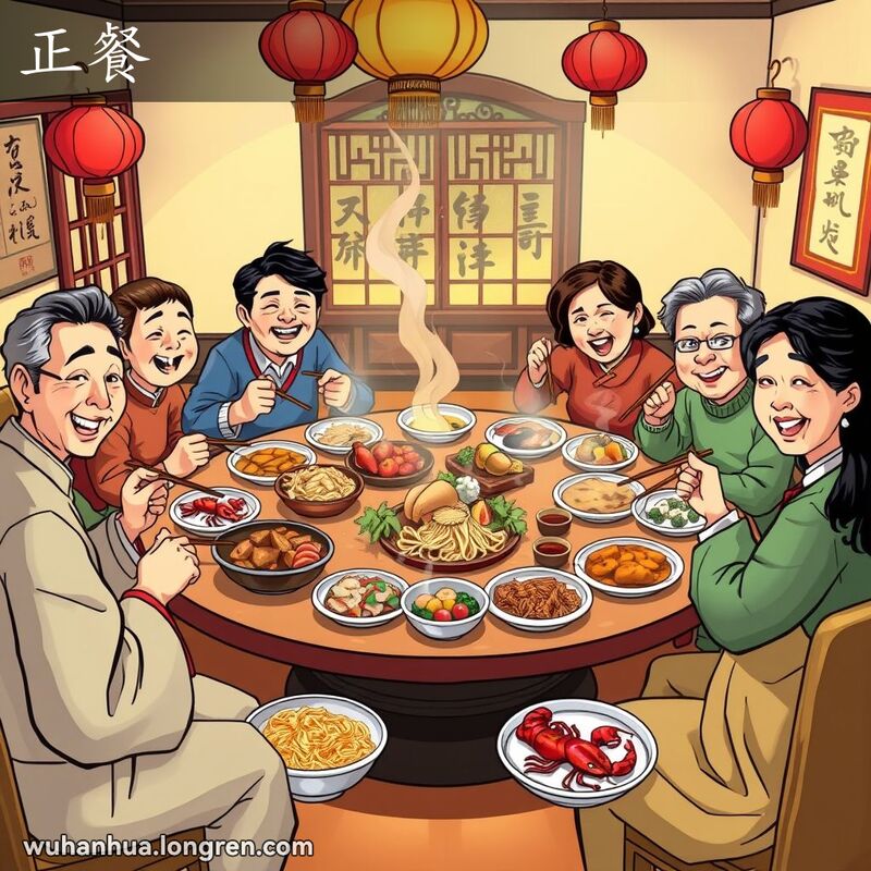 一个武汉家庭围坐在圆桌旁享用正餐，桌上有热干面、鸭脖子和麻辣小龙虾等美食，背景是温馨的家庭环境。