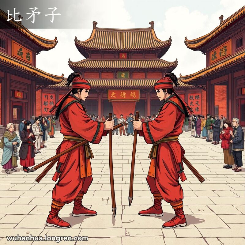 两位武术男子在武汉老街景中手持长矛对峙，准备比赛