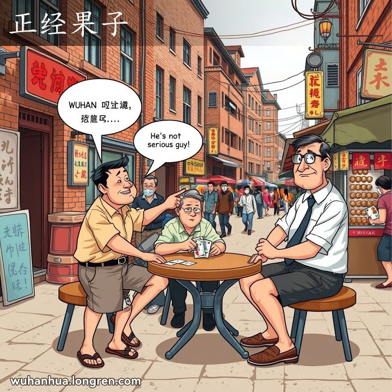 一群武汉市民在老街牌桌旁，一位男子指着穿西装的男子调侃，背景是热闹的市场