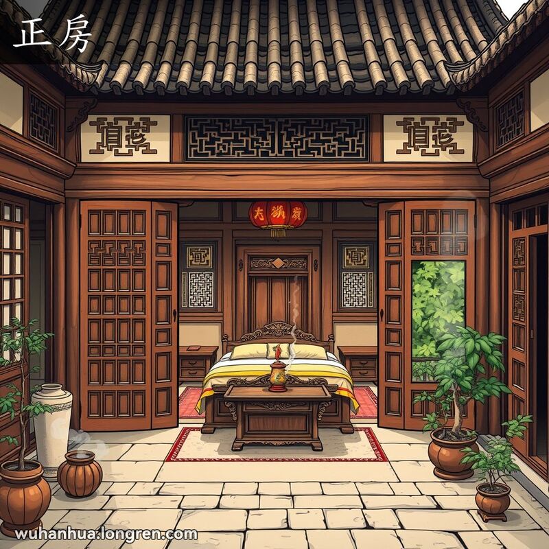 一个传统的武汉四合院，院子上首是一间朝南的正房，房间内有大木床、木柜和小香案，背景是绿意盎然的院子和其他小房间。