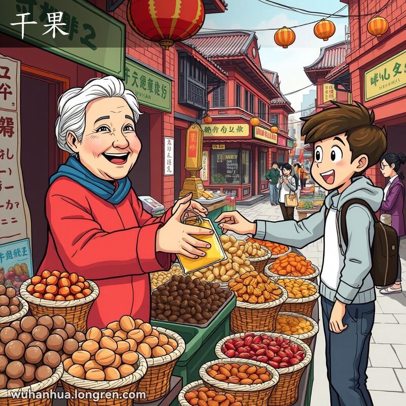 武汉街市摊位上摆满干果和坚果，摊主递给顾客一袋干果，背景是老旧建筑和传统招牌