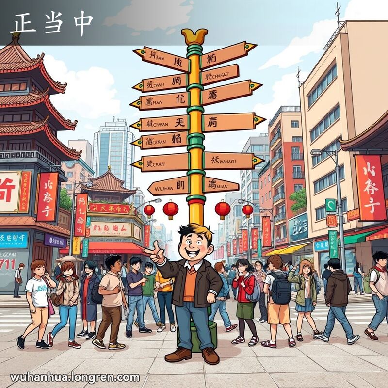 武汉市繁忙十字路口中央的指示牌，周围是讨论方向的人群，主角站在中央指示位置。