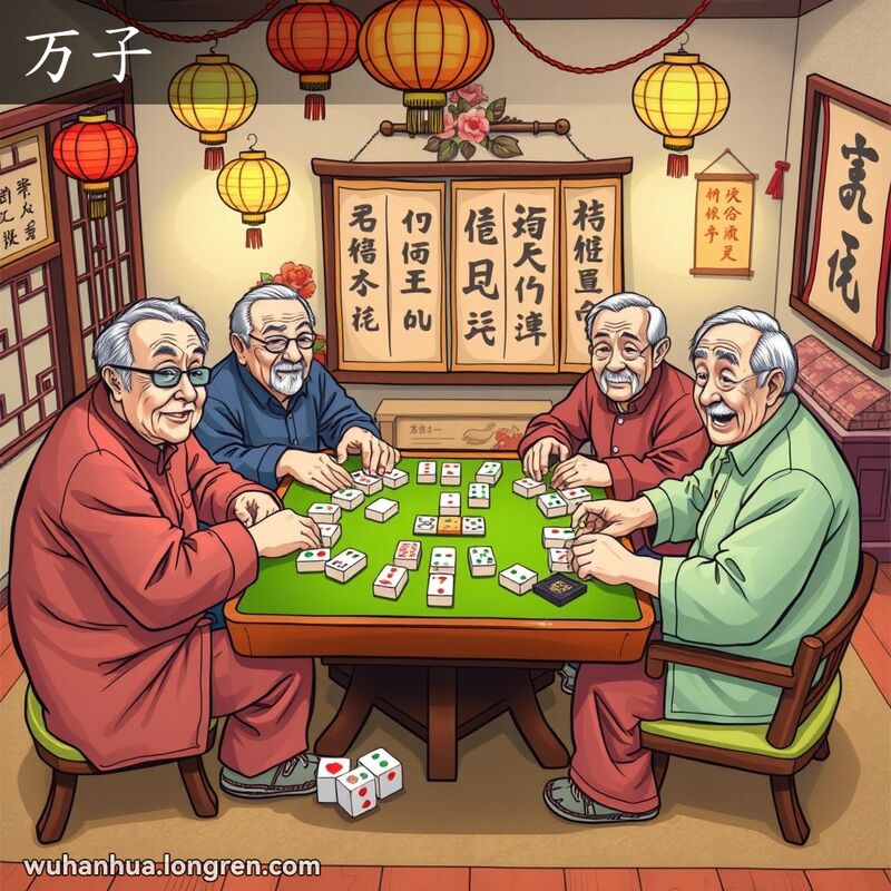四位老人围坐在桌旁打麻将，桌上有“万子”牌，背景是传统中国家庭装饰
