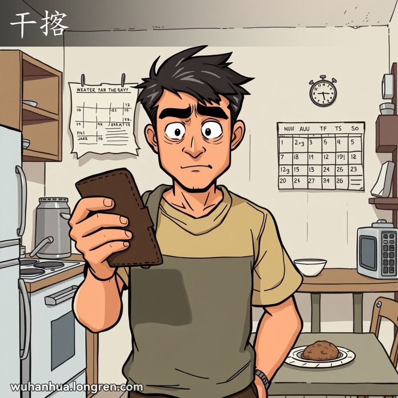 一位男子在简陋的厨房里，手拿旧钱包，表情坚定，背景有预算日历