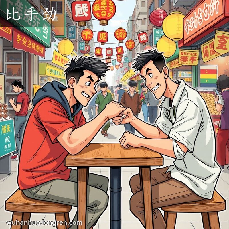 两位年轻人在武汉街头市场进行掰腕子比赛，背景是热闹的街头摊位和行人
