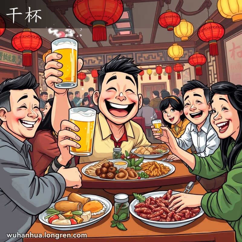 一群朋友在武汉餐馆聚会，主角举杯碰杯，背景有红灯笼和其他食客，画面充满节庆氛围