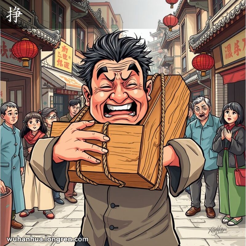 一位男子在武汉老街上费力搬运沉重的木箱，表情坚定但紧张，周围有围观的行人。