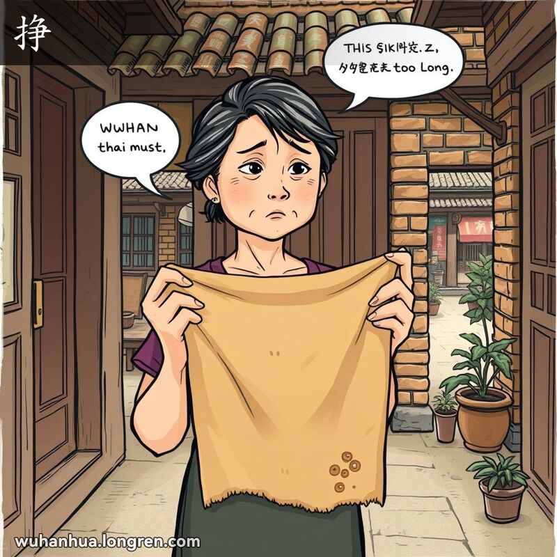 一位武汉妇女手持陈腐布料，表情失望，背景是武汉传统庭院