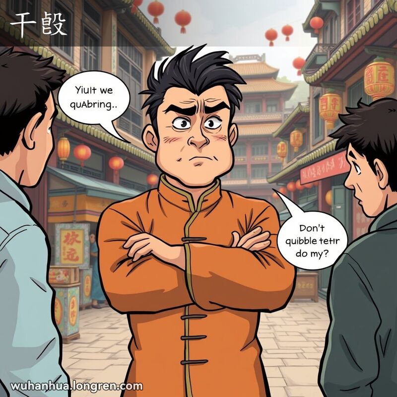 一位穿着传统中国服装的男子在武汉老街背景中，表情固执地与人争论，体现“干㲃”的意思。