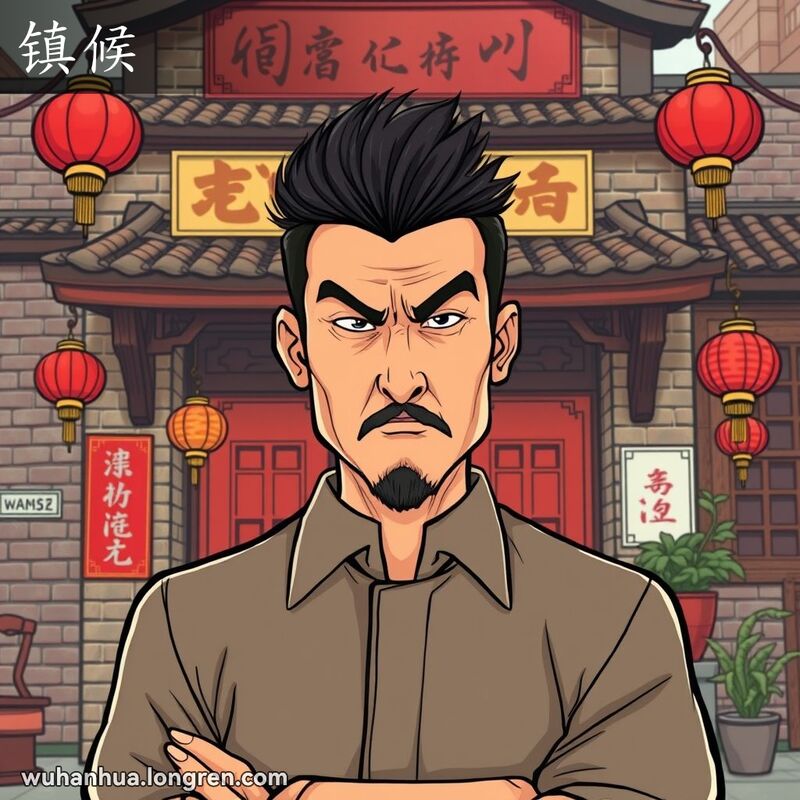 一位严肃的男子站在武汉茶馆前，展现出威严和力量，背景是老砖墙和红灯笼