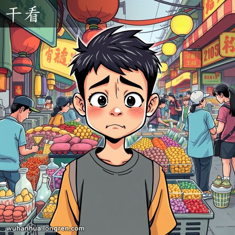 一位年轻人站在武汉市场摊位前，望着商品露出无奈的表情，背景是繁忙的市场景象