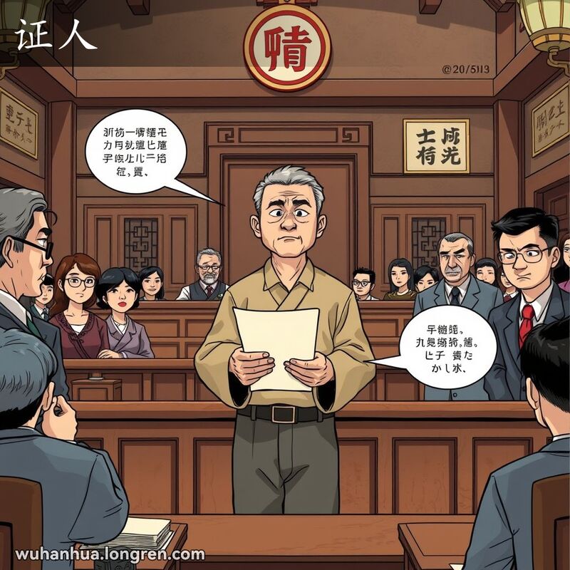一位证人在武汉法庭上手持文件，表情严肃，背景有木质家具和旧书
