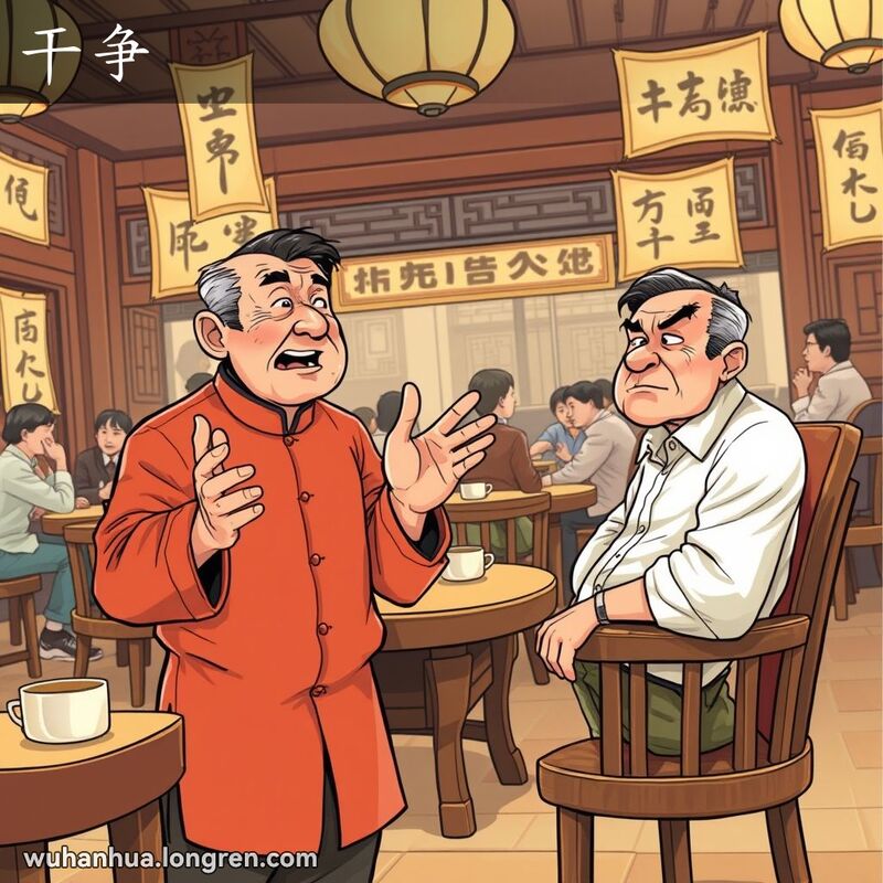 两位武汉男子在茶馆内激烈争论，一人手势夸张，另一人显得不耐烦，背景是热闹的茶馆