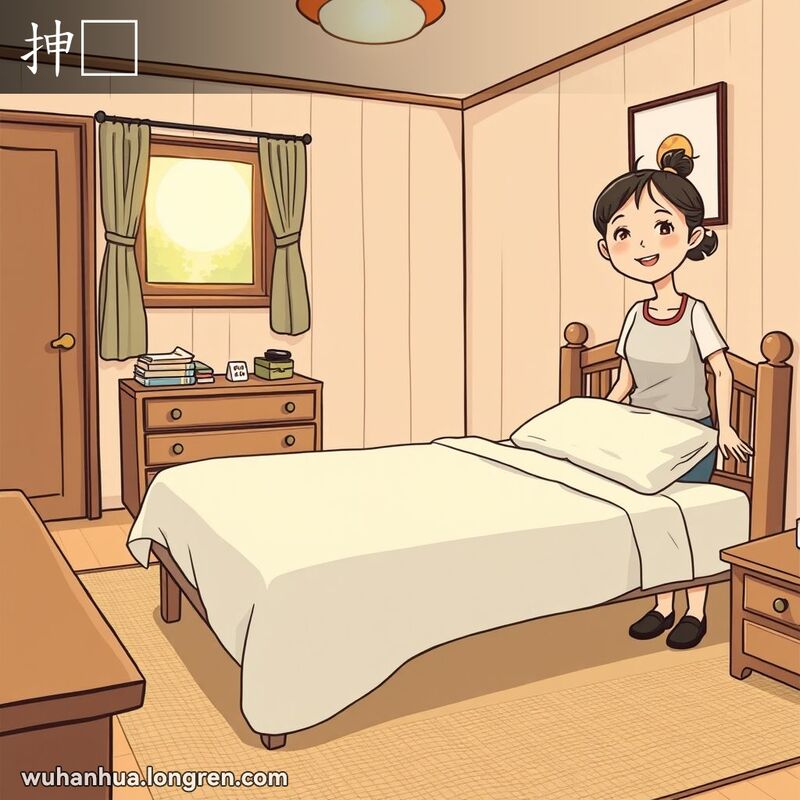 一位武汉女子站在整洁的卧室中，床上铺着平整的床单和枕头，她微笑着欣赏自己的劳动成果。