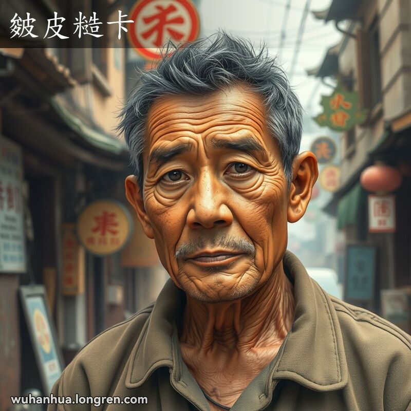 一位中年武汉男子的特写，皮肤粗糙，背景是武汉老街景