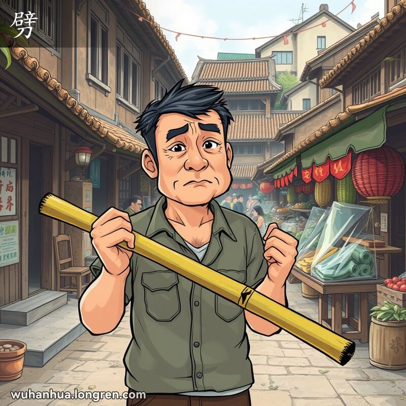 一位中年男子手持裂开的竹篙，站在武汉传统街道的市场摊位前，背景是热闹的市场和传统木屋。