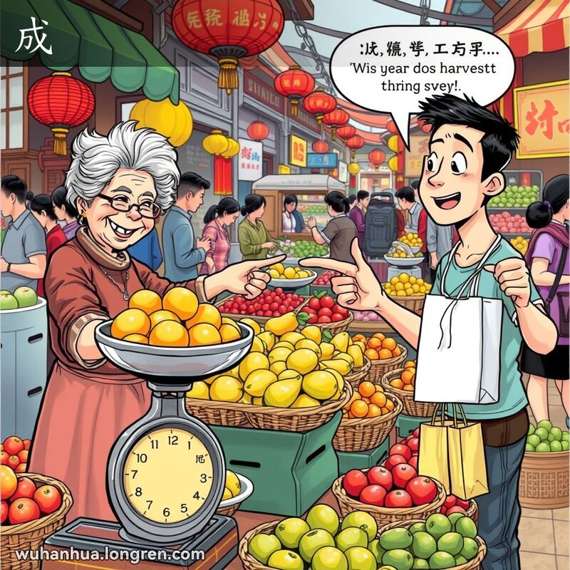 武汉传统市场中，摊贩在称水果，顾客满意地指着水果，摊贩比划解释今年收成比去年多三成。